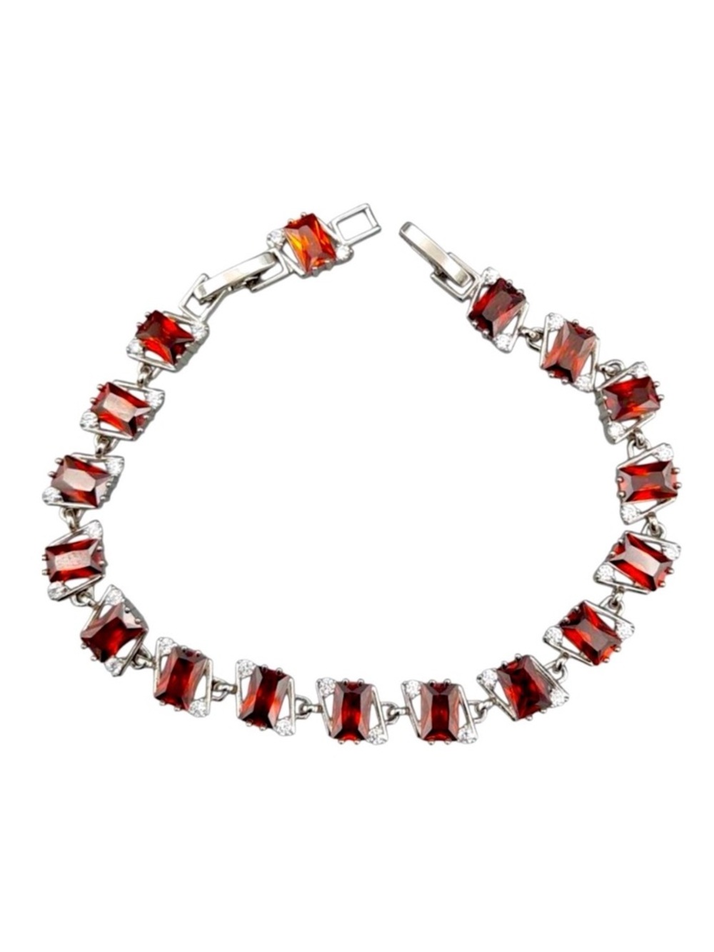 Platinum Plated Garnet Red Bracelet Emerald Cut Stones Waterproof & Adjustable